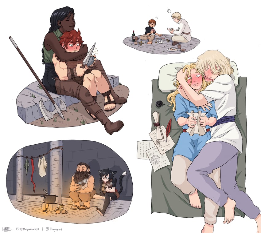 marcille donato, falin touden, laios touden, senshi, chilchuck tims, and 3 more (dungeon meshi) drawn by maryneelahaye