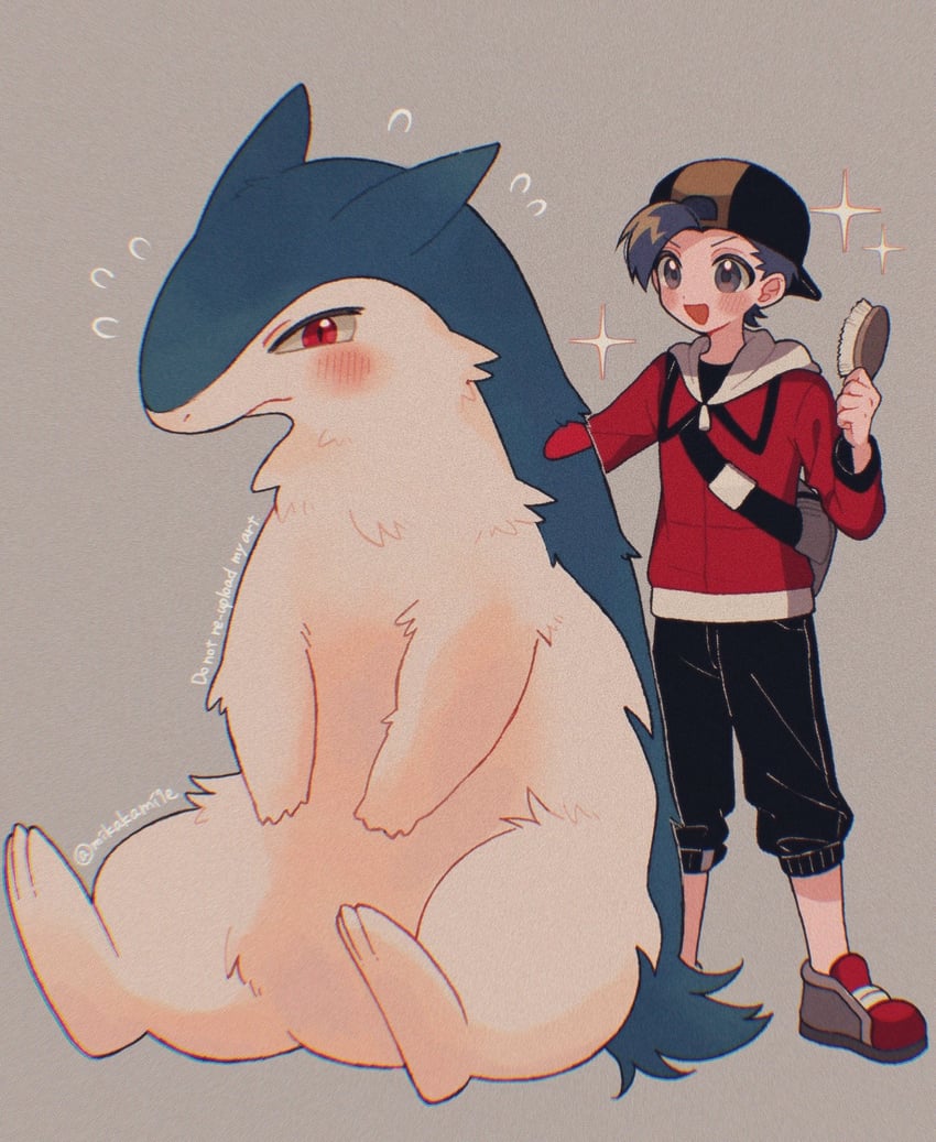 ethan and typhlosion (pokemon and 1 more) drawn by mikakami1e