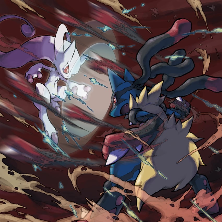 lucario, mewtwo, mega lucario, and mega mewtwo y (pokemon) drawn by sugimori_ken