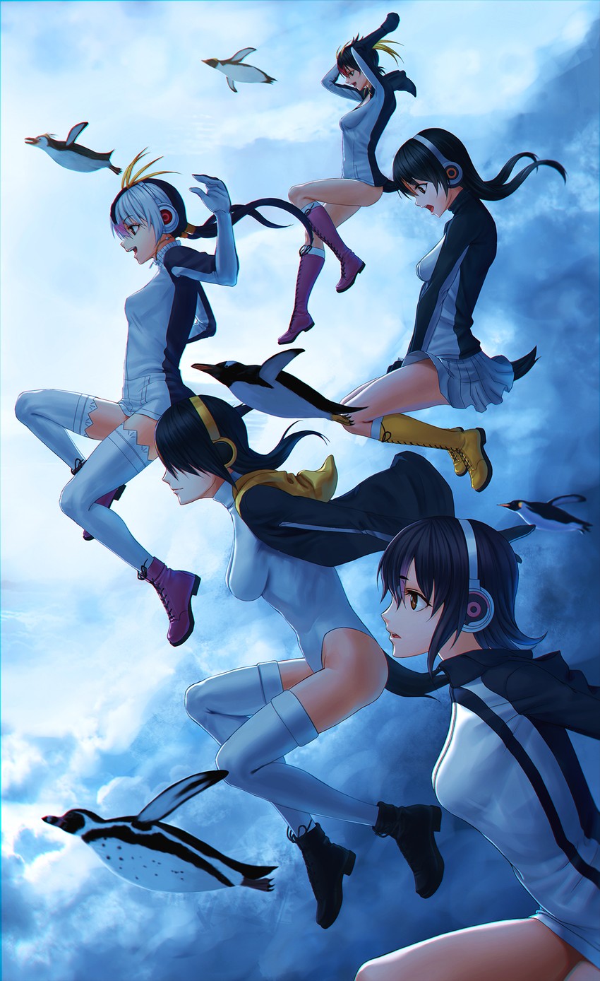 emperor penguin, humboldt penguin, royal penguin, rockhopper penguin, and gentoo penguin (kemono friends) drawn by sion_(9117)