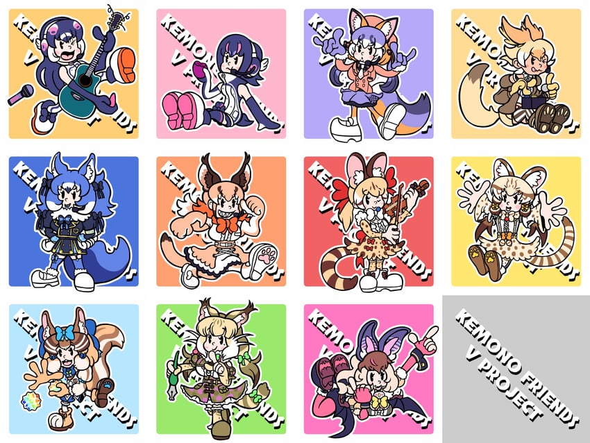 island fox, humboldt penguin, caracal, brown long-eared bat, coyote, and 6 more (kemono friends and 1 more) drawn by r1chardroe