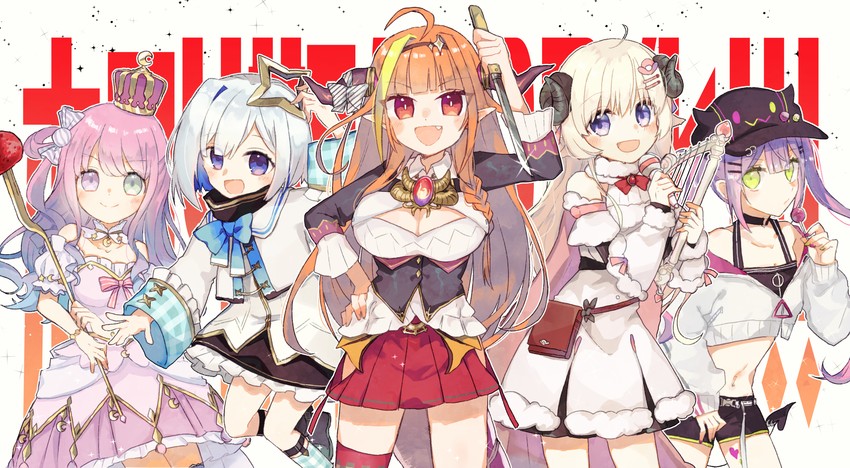 tokoyami towa, amane kanata, kiryu coco, tsunomaki watame, and himemori luna (hololive) drawn by higashi_miyako