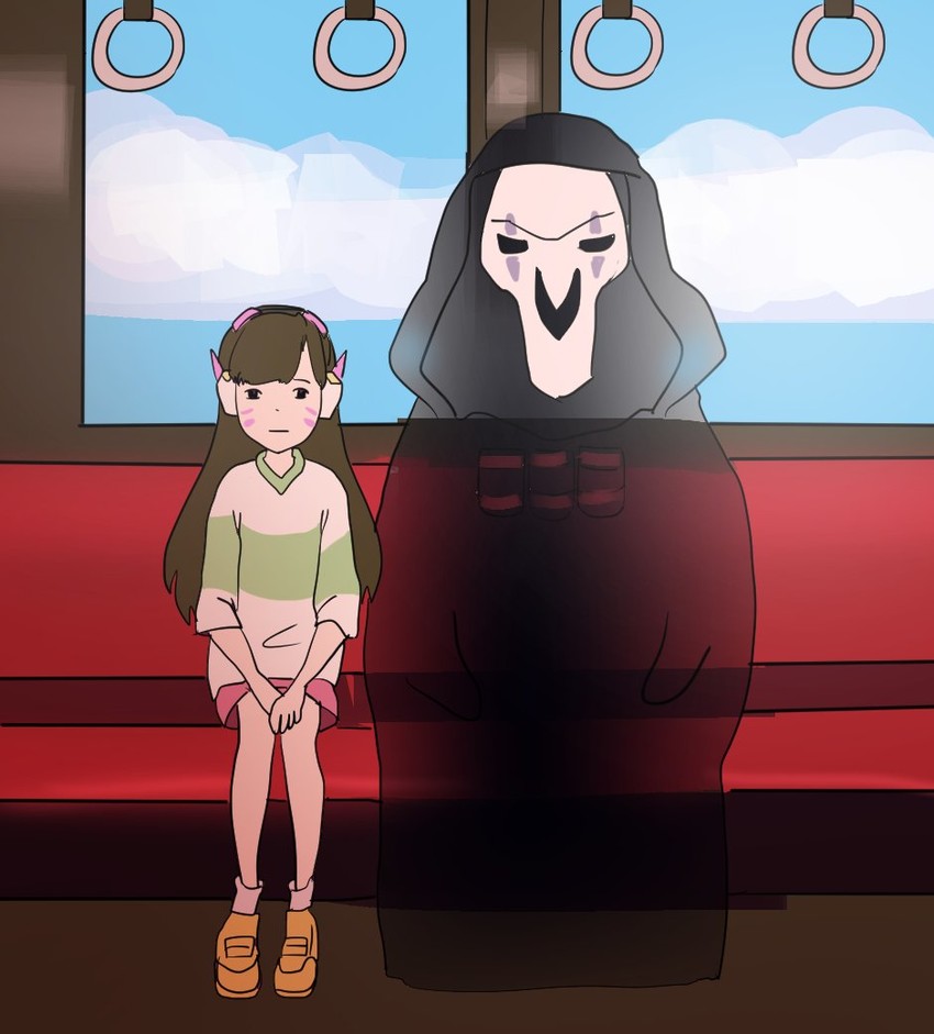 d.va, reaper, ogino chihiro, and kaonashi (overwatch and 2 more) drawn by rybiok