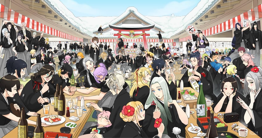 sayo samonji, tonbokiri, gokotai's tigers, nakigitsune, nakigitsune's fox, and 1 more (touken ranbu) drawn by raden_3333