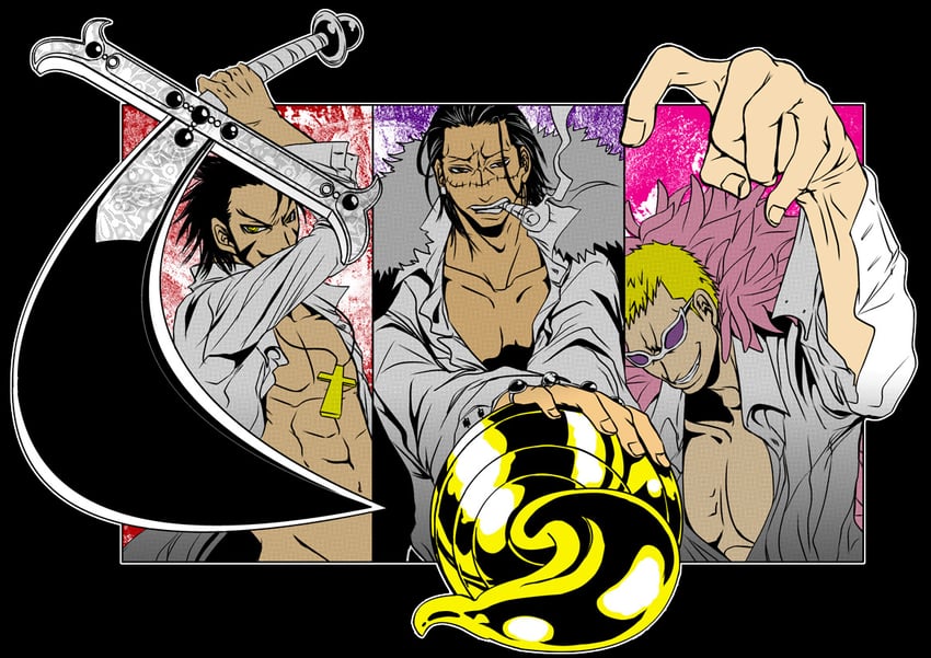 donquixote doflamingo, crocodile, and dracule mihawk (one piece) drawn by nabamen