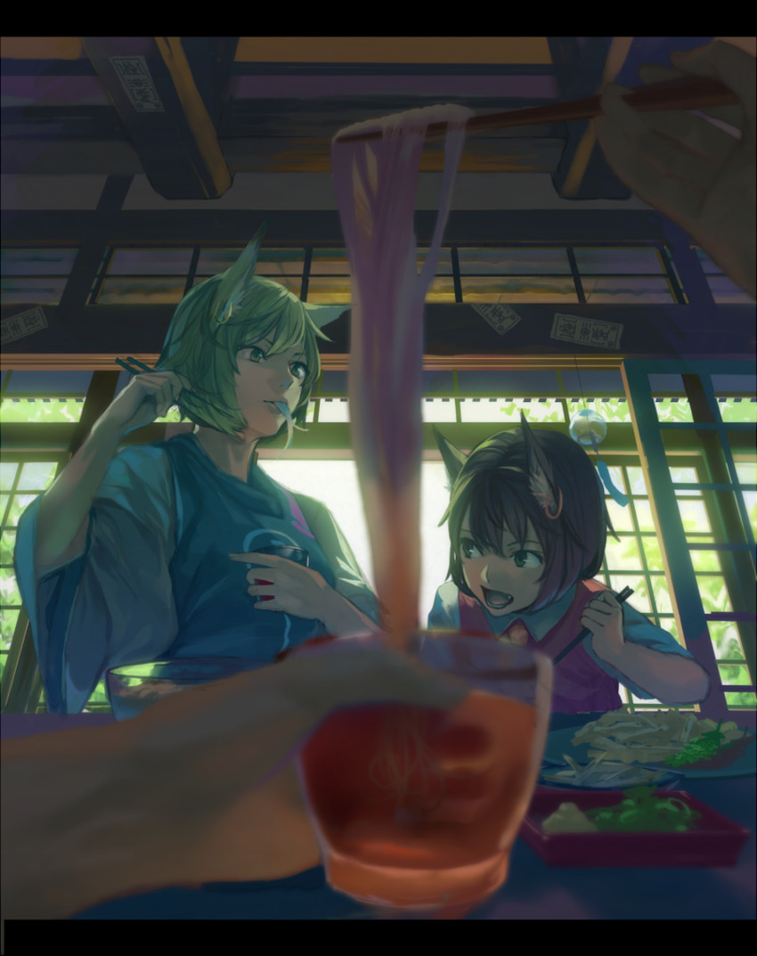yakumo yukari, yakumo ran, and chen (touhou) drawn by hidebo