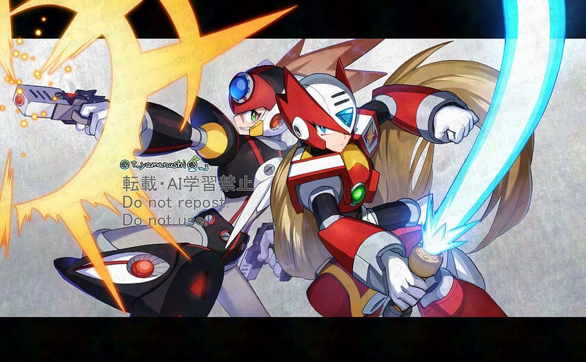 zero and axl (mega man and 2 more) drawn by yamanashi_taiki