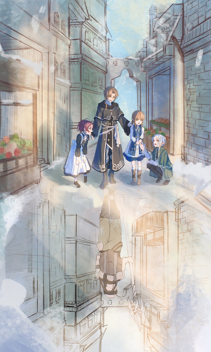sylphiette, rudeus greyrat, norn greyrat, aisha greyrat, and ruijerd superdia (mushoku tensei) drawn by yuuki931869