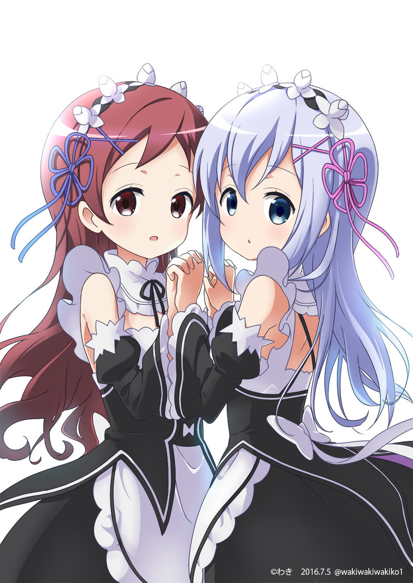 rem, kafuu chino, ram, natsu megumi, minase inori, and 1 more (re:zero kara hajimeru isekai seikatsu and 1 more) drawn by neki_(wakiko)