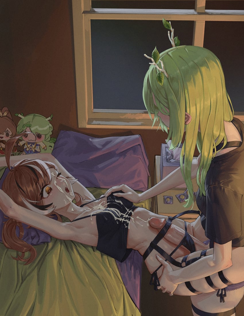 nanashi mumei and ceres fauna (hololive and 1 more) drawn by arubaito77