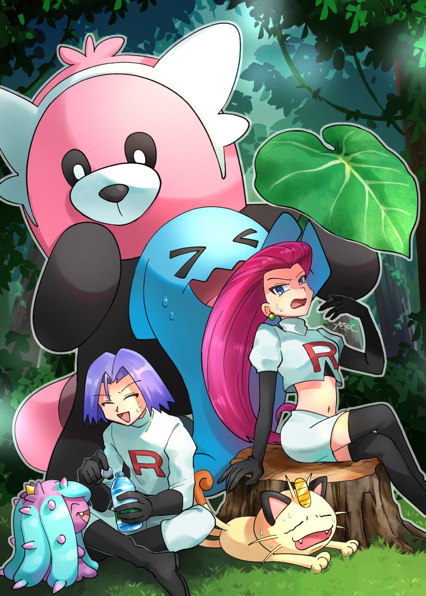 jessie, james, meowth, wobbuffet, bewear, and 1 more (pokemon and 1 more) drawn by mobbbt