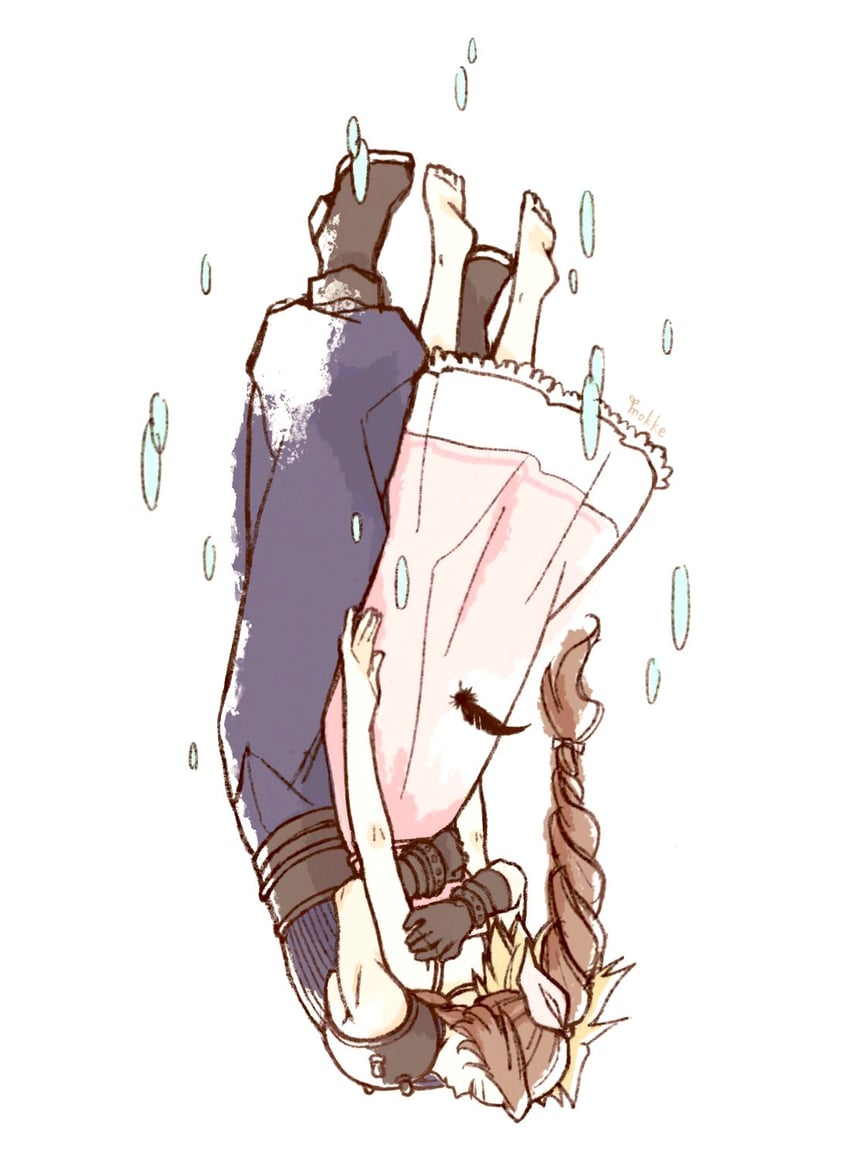 cloud strife and aerith gainsborough (final fantasy and 3 more) drawn by moke_mokke