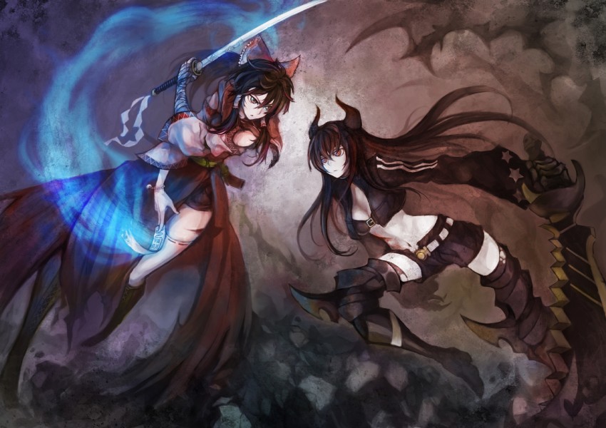 hakurei reimu and black gold saw (touhou and 1 more) drawn by hjz_(artemi)