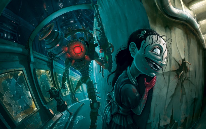 little sister and big sister (bioshock and 1 more) drawn by jhonen_vasquez