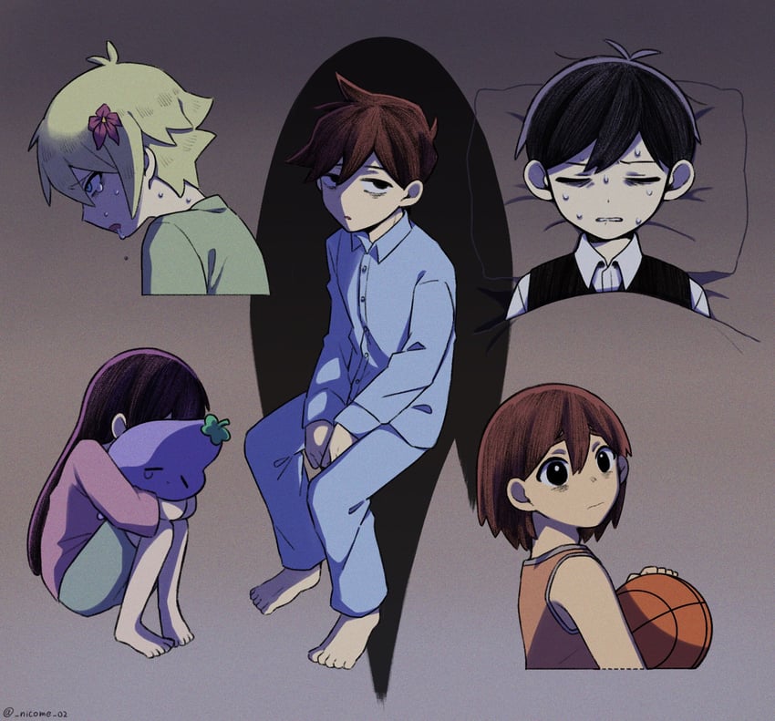 sunny, basil, aubrey, kel, hero, and 2 more (omori) drawn by nicome_02