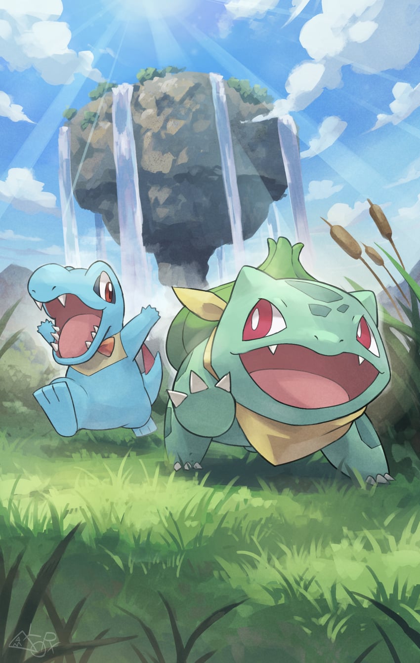 bulbasaur and totodile (pokemon and 2 more) drawn by yamaori_(hakkentai_pokedan)