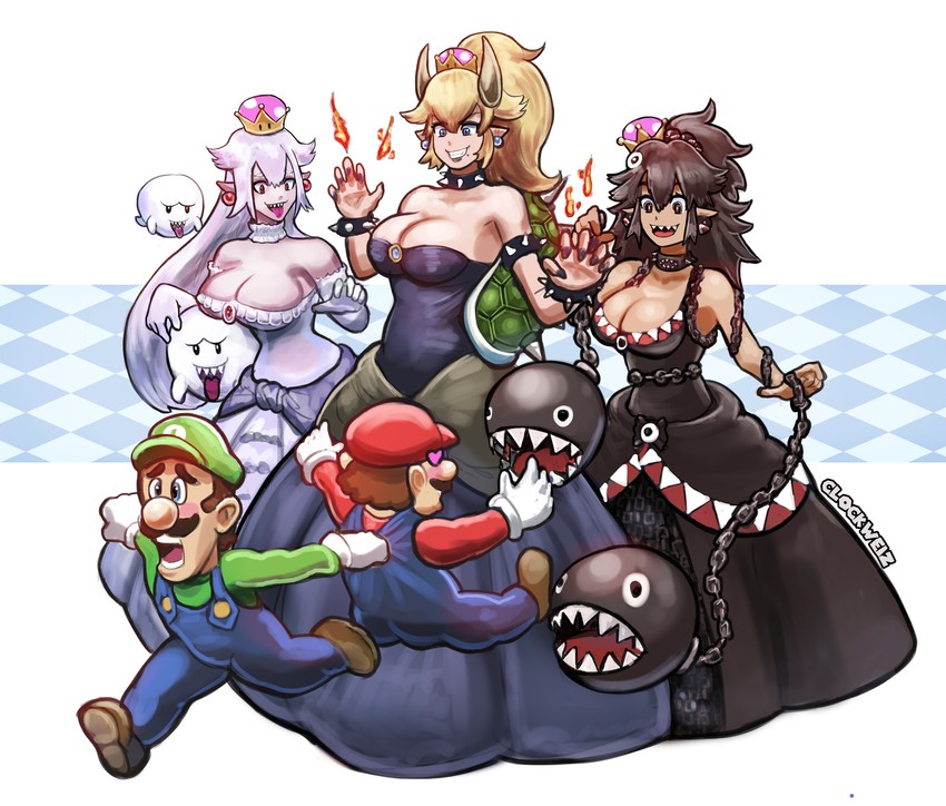 mario, bowsette, luigi, princess king boo, boo, and 2 more (mario and 2 more) drawn by clockweiz