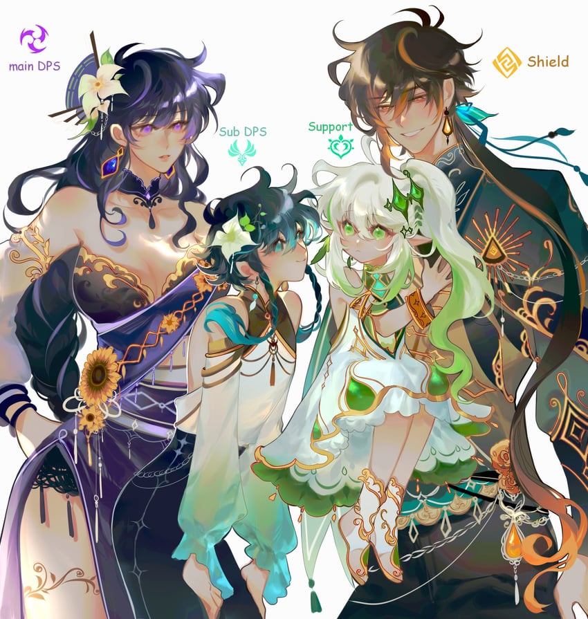 raiden shogun, nahida, zhongli, and venti (genshin impact) drawn by yionyi23