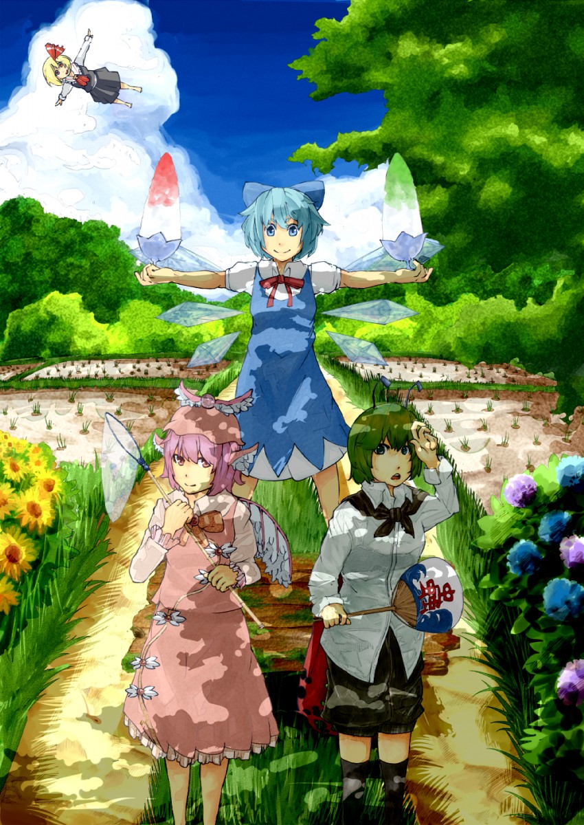 cirno, rumia, mystia lorelei, and wriggle nightbug (touhou) drawn by namamizu000