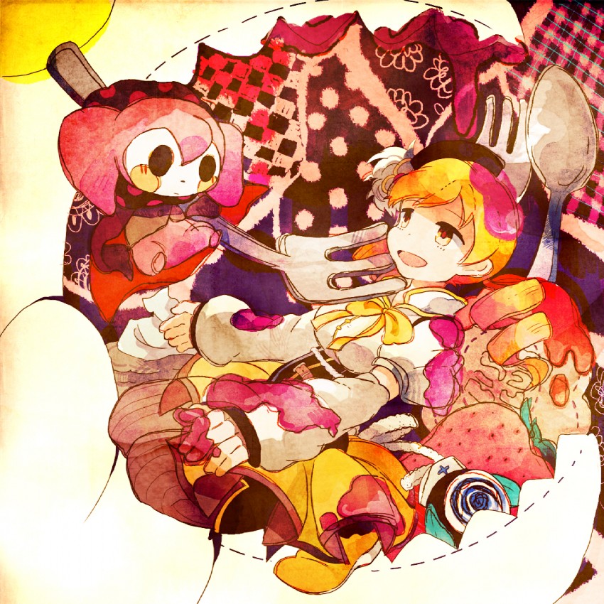 tomoe mami and charlotte (mahou shoujo madoka magica) drawn by motto_(night_wear)