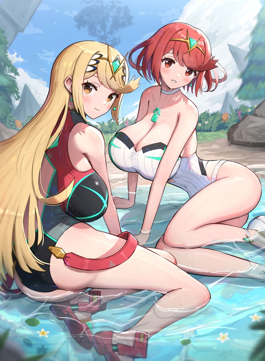 pyra and mythra (xenoblade chronicles and 1 more) drawn by gonzarez