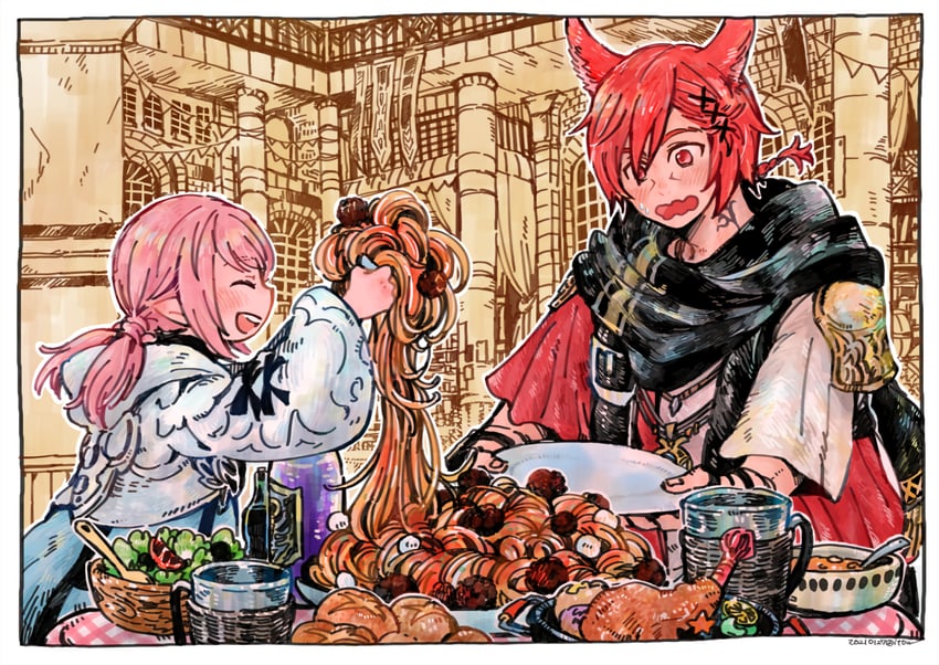 warrior of light, g'raha tia, and hikasen (final fantasy and 1 more) drawn by itowo_(itowc)