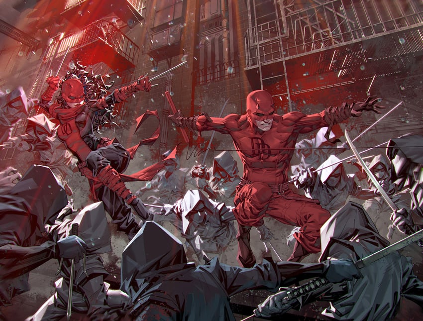 daredevil, elektra natchios, and matt murdock (marvel) drawn by kael_ngu