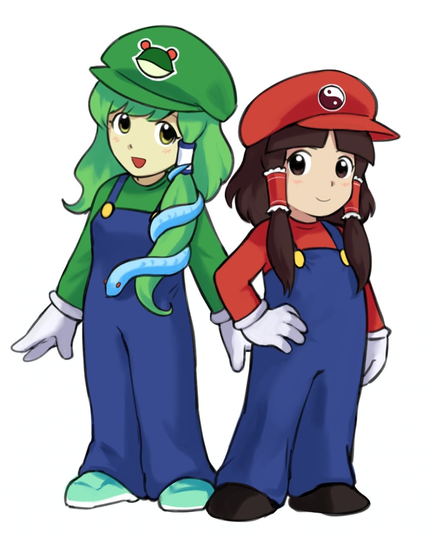 hakurei reimu, kochiya sanae, mario, and luigi (touhou and 1 more) drawn by himuhino