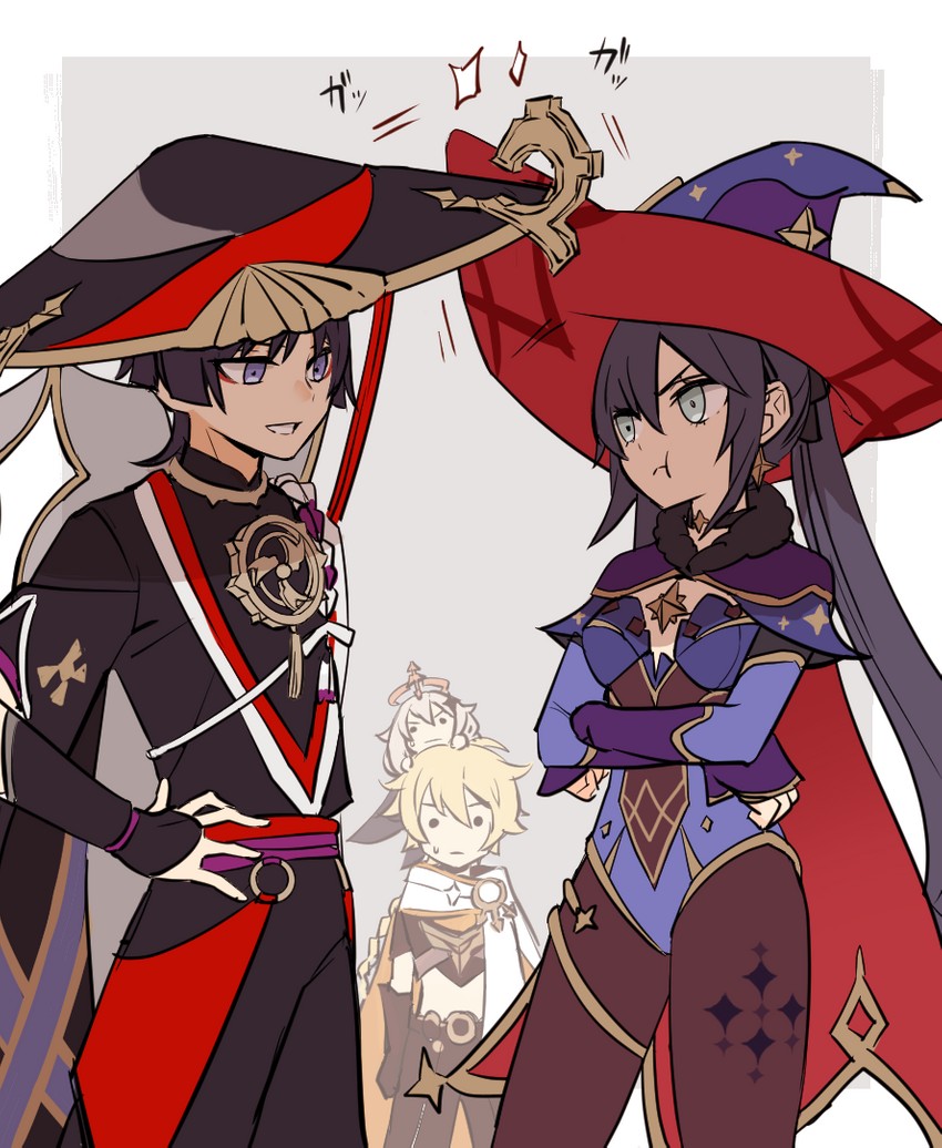 scaramouche, aether, mona, and paimon (genshin impact) drawn by rome_romedo