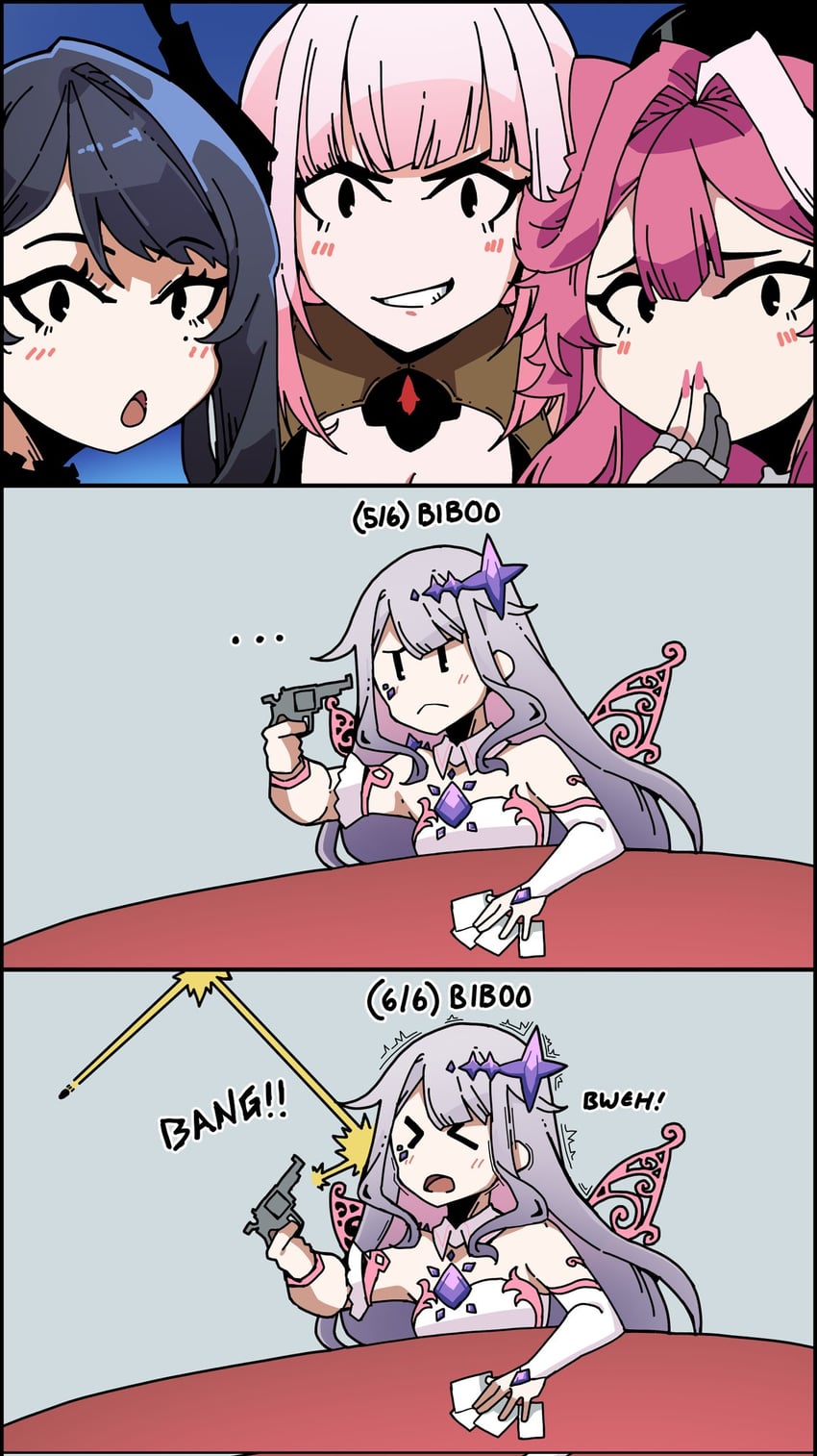mori calliope, nerissa ravencroft, koseki bijou, and raora panthera (hololive and 2 more) drawn by joeboto