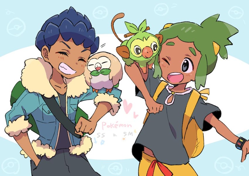 rowlet, hop, grookey, and hau (pokemon and 2 more) drawn by mikanbako_(aitatadon3)