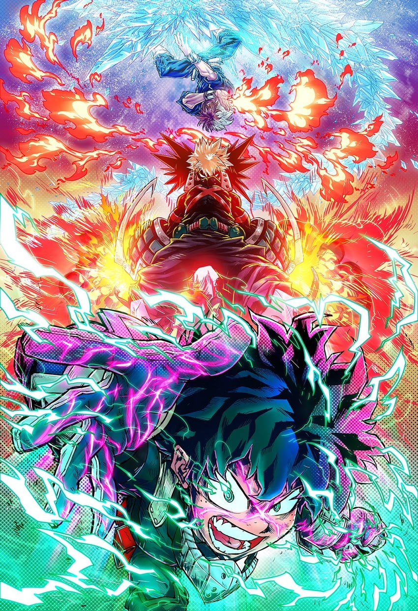 midoriya izuku, bakugou katsuki, and todoroki shoto (boku no hero academia) drawn by sebastian_von_buchwald