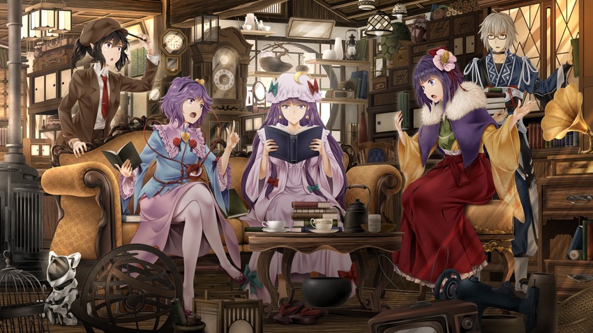 patchouli knowledge, shameimaru aya, komeiji satori, morichika rinnosuke, hieda no akyuu, and 1 more (touhou and 1 more) drawn by arkatopia