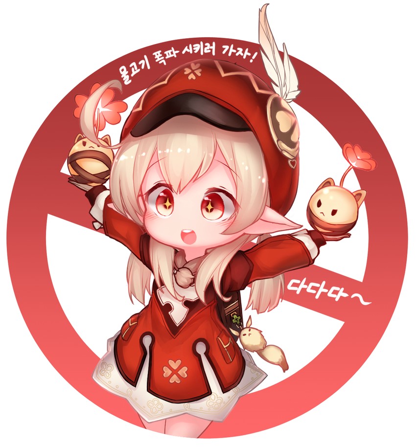 klee, dodoco, and jumpy dumpty (genshin impact) drawn by mochikushi