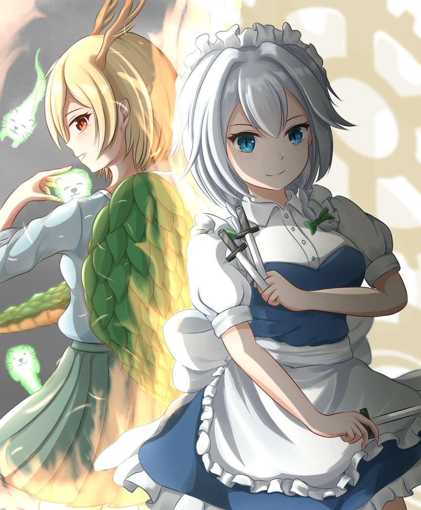 izayoi sakuya, kicchou yachie, and otter spirit (touhou) drawn by hatoman_(ytef4434)