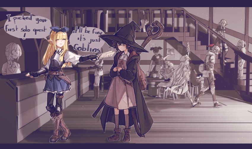 priestess, high elf archer, goblin slayer, sophie, erika, and 2 more (original and 1 more) drawn by popopoka