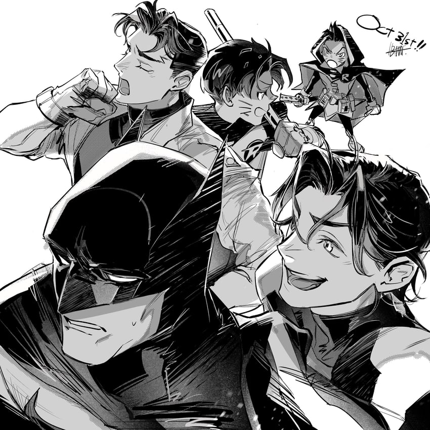 batman, robin, bruce wayne, dick grayson, jason todd, and 4 more (dc comics and 1 more) drawn by tokitokororo