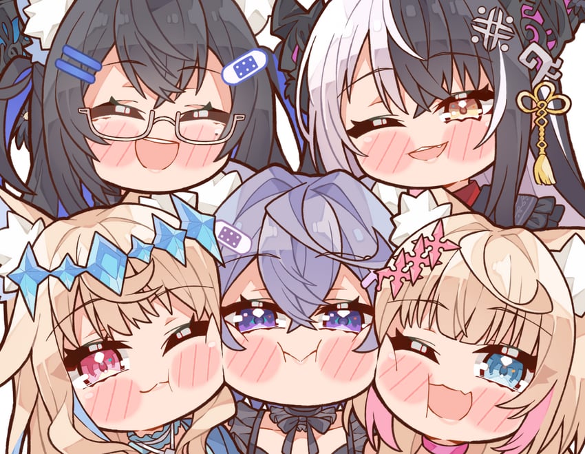 shiori novella, nerissa ravencroft, fuwawa abyssgard, mococo abyssgard, and koseki bijou (hololive and 1 more) drawn by kukie-nyan