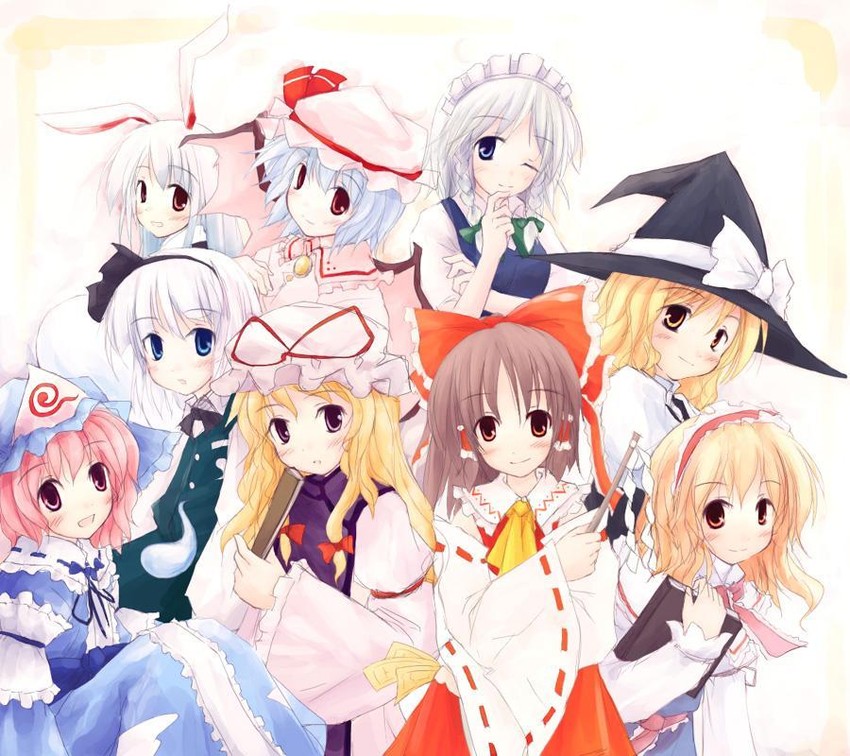 hakurei reimu, kirisame marisa, remilia scarlet, izayoi sakuya, konpaku youmu, and 4 more (touhou) drawn by yukitarou_(awamori)