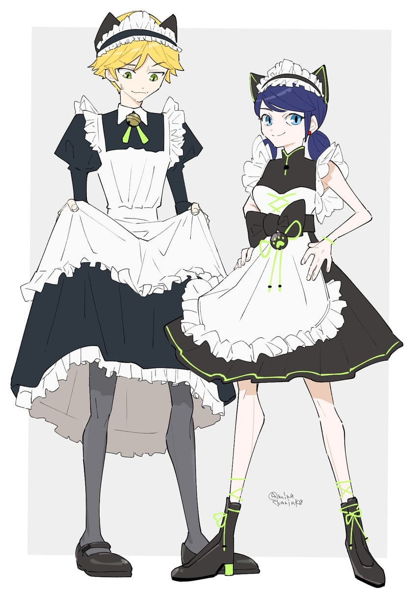 marinette dupain-cheng, adrien agreste, chat noir, and lady noir (miraculous ladybug) drawn by miracharink0