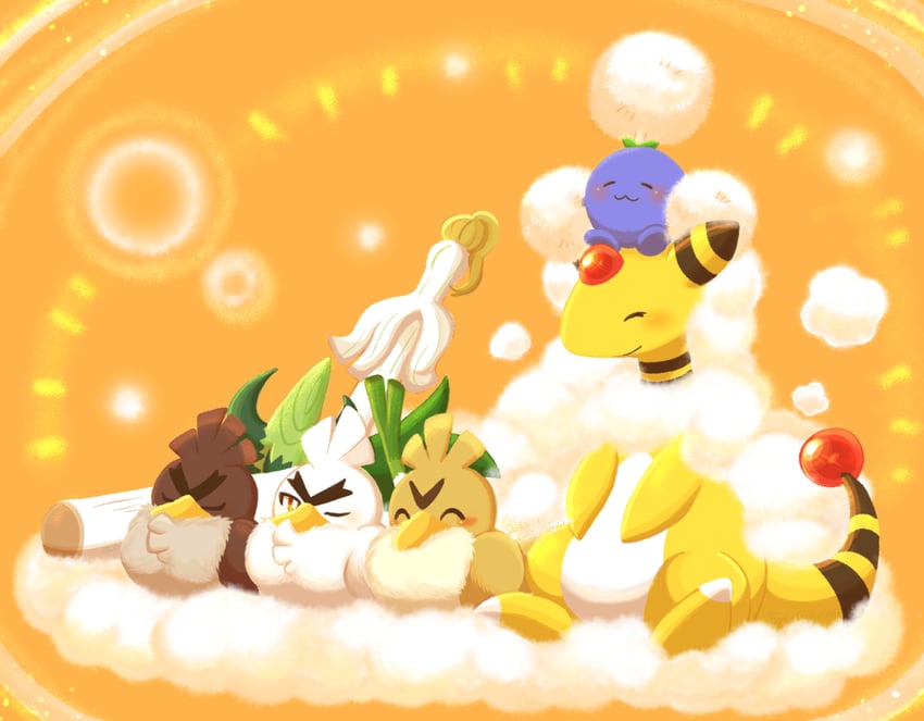 ampharos, jumpluff, sirfetch'd, farfetch'd, and galarian farfetch'd (pokemon) drawn by shuri_(syurigame)