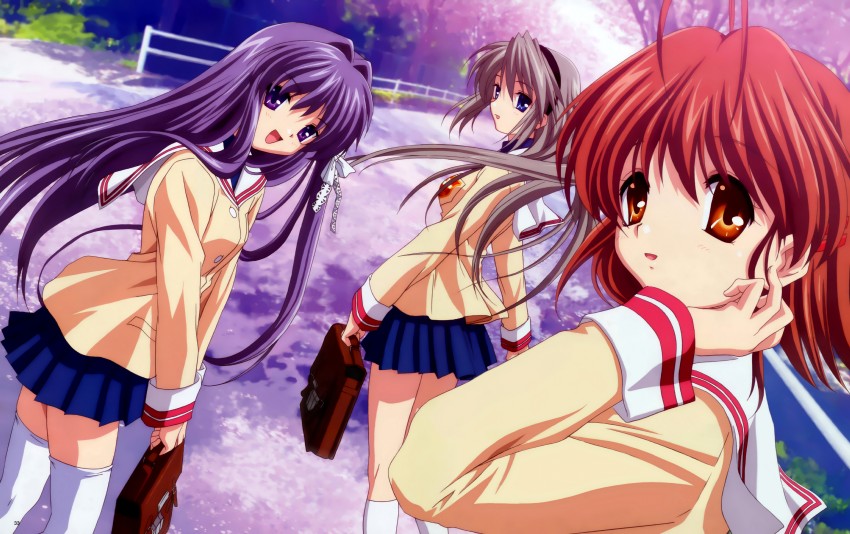 furukawa nagisa, fujibayashi kyou, and sakagami tomoyo (clannad) drawn by ikeda_kazumi