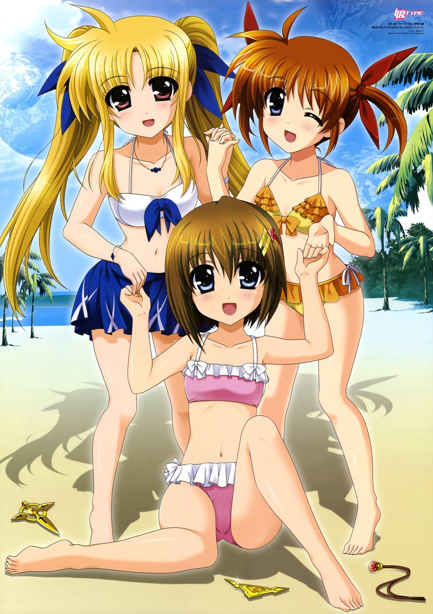 fate testarossa, takamachi nanoha, yagami hayate, raising heart, bardiche, and 1 more (lyrical nanoha and 4 more) drawn by higa_yukari