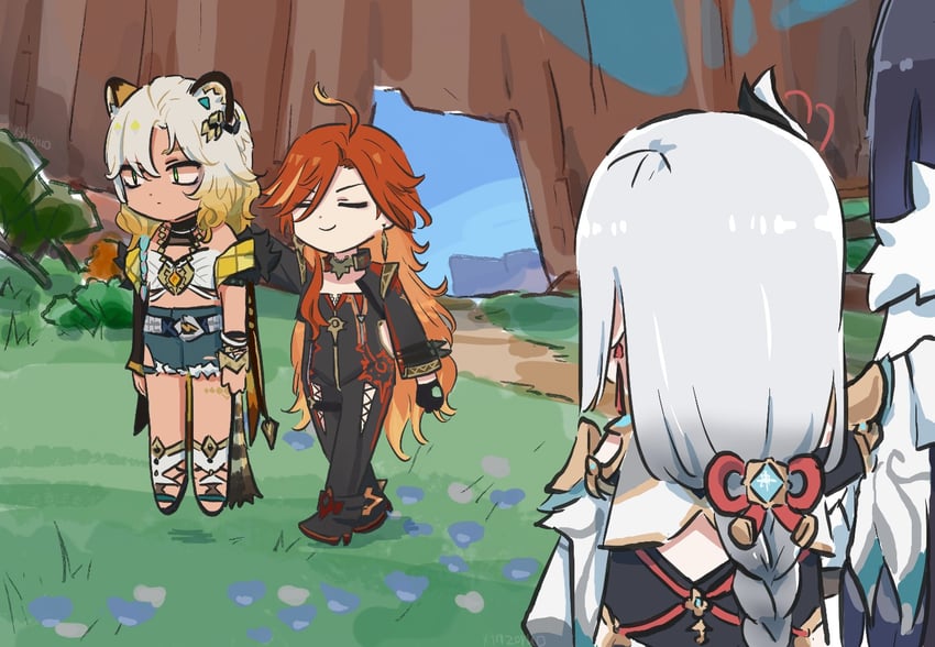 shenhe, yelan, mavuika, and xilonen (genshin impact) drawn by xinzoruo