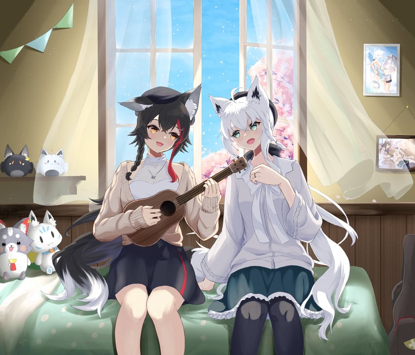 shirakami fubuki, ookami mio, sukonbu, miofa, fubuchun, and 1 more (hololive) drawn by hiragi_moka