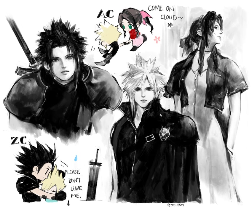 cloud strife, aerith gainsborough, zack fair, and fenrir (final fantasy and 2 more) drawn by cloud_virtu