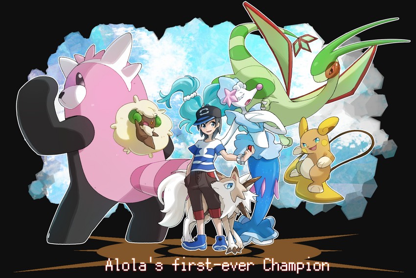 elio, flygon, primarina, lycanroc, alolan raichu, and 2 more (pokemon and 1 more) drawn by miu_(miuuu_721)