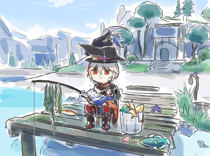 kaedehara kazuha, clorinde, navia, lyney, and leisurely otter (genshin impact) drawn by xinzoruo