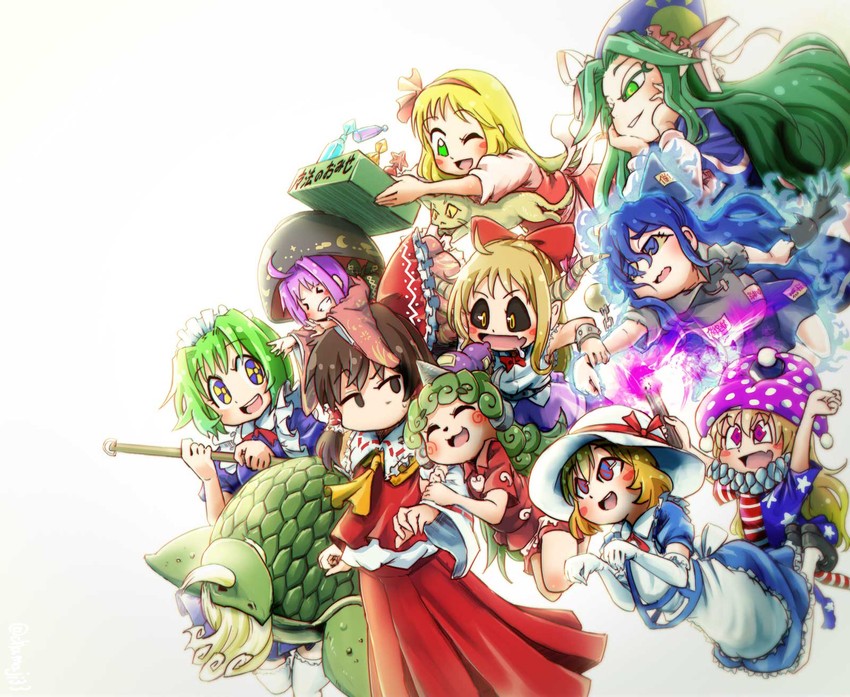 hakurei reimu, ibuki suika, clownpiece, sukuna shinmyoumaru, yorigami shion, and 7 more (touhou) drawn by chamaji