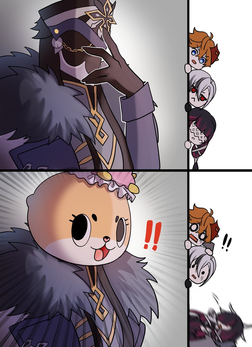 tartaglia, arlecchino, columbina, capitano, chiitan, and 1 more (genshin impact and 1 more) drawn by merururuu